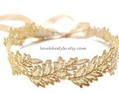 Gold Leaf  Metallic Lace with Champagne Satin Sash / Bridal Sash, Bridesmaid Sash , Head Tie /SH-06