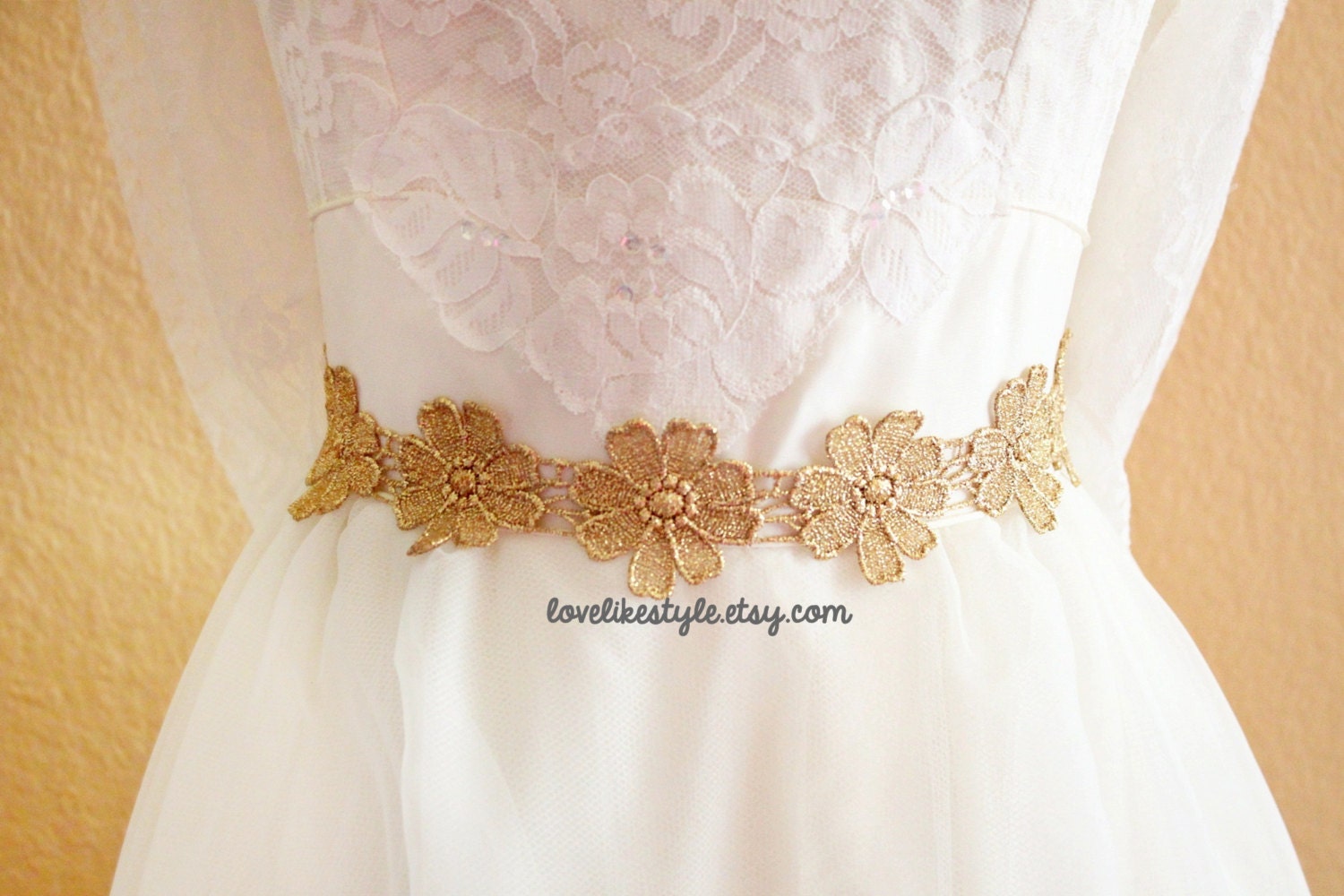 Gold  Metallic Flower Lace with Champagne Satin Sash , Bridal Head Piece, Head Tie, Bridesmaid Sash