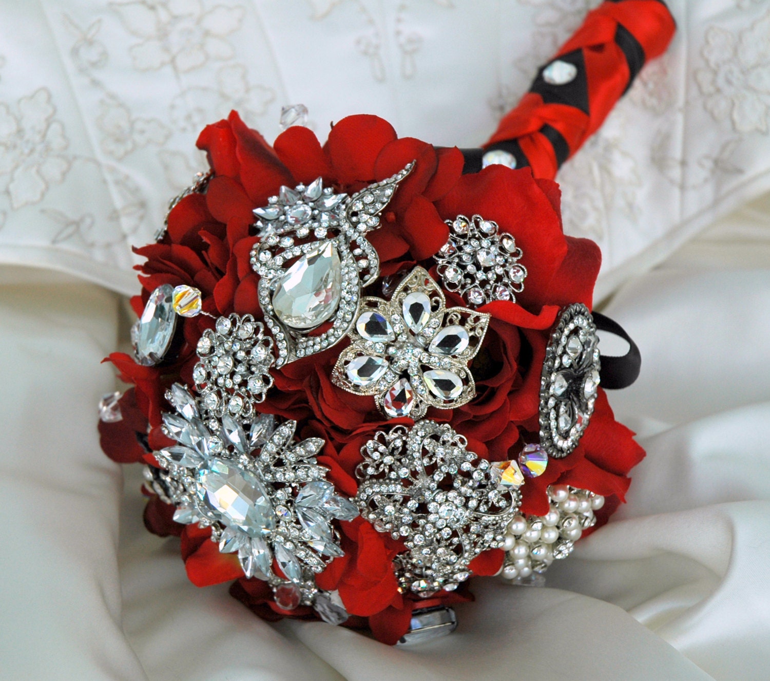 Brooch Bouquet, Red Wedding Bouquet, READY TO SHIP, Red Brooch Bouquet