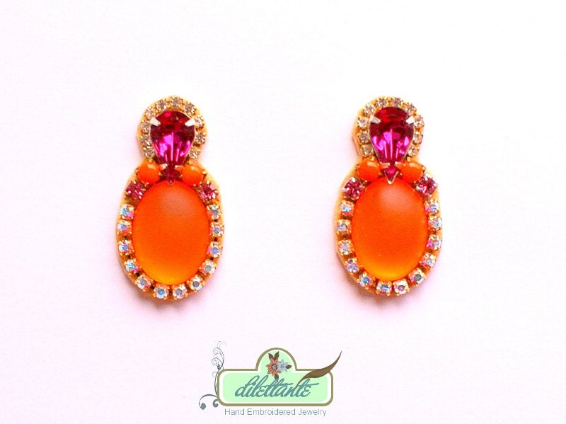 Crystal Earrings Swarovski- Rhinestones- Mango- Fuchsia Design- Statement Earrings
