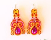Long Soutache Earrings- in pink ,orange, Swarovski- OOAK Statement Earrings