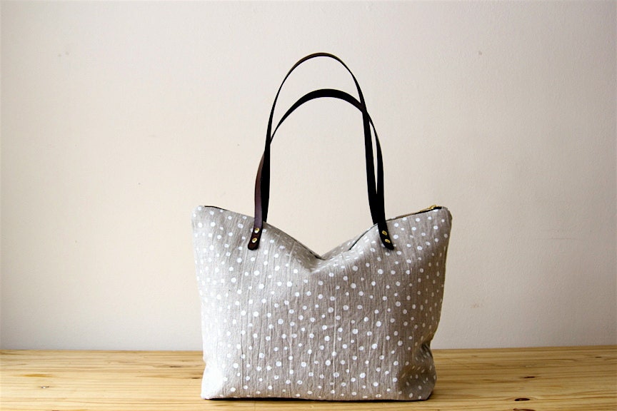 Polka Dot Screen Print Natural Linen Weekender Tote Bag Brown Leather Handles