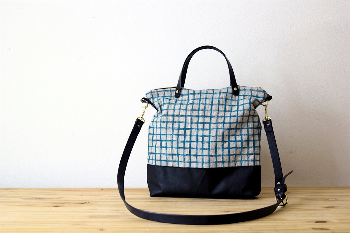 Day Bag Screen Printed Linen Black Leather Handles