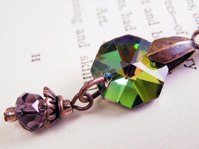 Purple crystal necklace. Rainbow glass crystal with pendant bead. vintage style jewelry