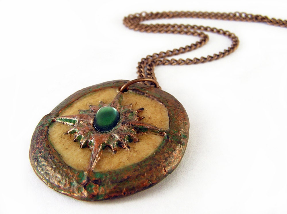 Glow in the Dark Compass pendant. Copper, green, & bone. Handmade steampunk jewelry