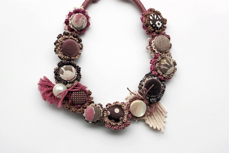 Handmade crochet necklace with fabric and faux pearl buttons and pompom - brown, beige, dusty pink - OOAK