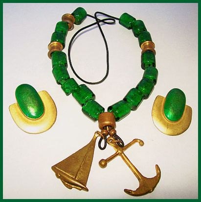Vintage Nautical Necklace Pendant Earring Set Green Glass Beads & Brass Metal VG