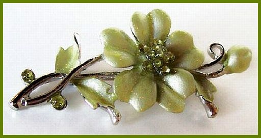 Vintage Flower Brooch Pin Mint Green Enamel & Rhinestones Silver Metal BIG 3" VG