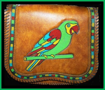 Vintage Beaded Purse Leather Handbag Red Green Blue Parrot Design Mexico Long Strap VG