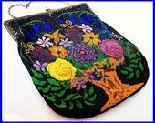 Art Deco Beaded Hand Bag Purse Bright Colorful Flower Design Etched Silver Frame Antique 10"