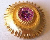 Vintage Rhinestone Brooch Pin Pink Purple Gold metal Sun Burst Design 1 3/4" VG