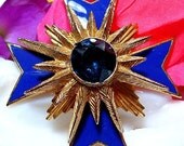 Vintage Maltese Cross Brooch Pendant Blue Art Glass & Enamel Gold Metal Spikes 2.5" VG