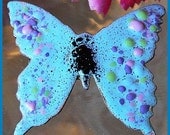 Vintage Butterfly Brooch Pin Blue Enamel Speckled Copper Metal Backing 2" VG Spring Jewelry