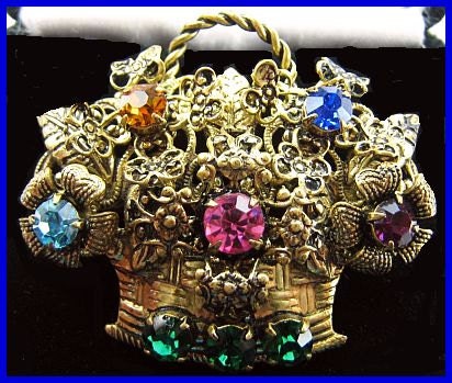 Vintage Flower Basket Brooch Pin Czech Rhinestones Filigree Brass Metal 1 3/4" VG