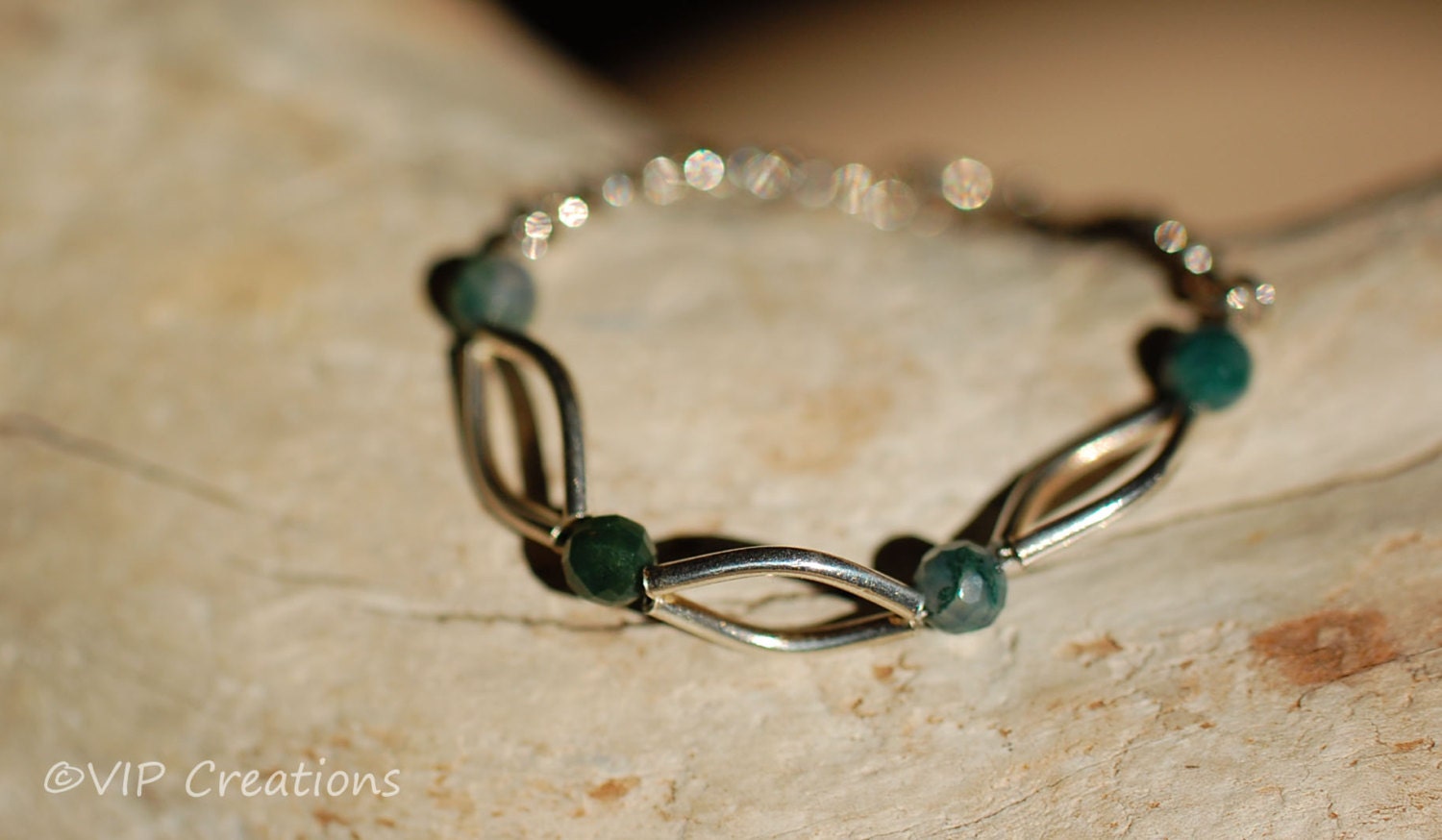 SALE Sterling Silver rolo chain bracelet, diamond shaped focal links, jade color semi precious stone beads, silver heart toggle