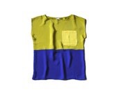 SALE // Hand dyed Silk top. Chartreuse, blue and yellow color block Tee