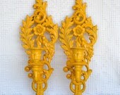 Marigold Yellow Candle Sconces... Pair Upcycled Painted Vintage Boho Chic Candleholders... Modern Traditional Mustard Yellow