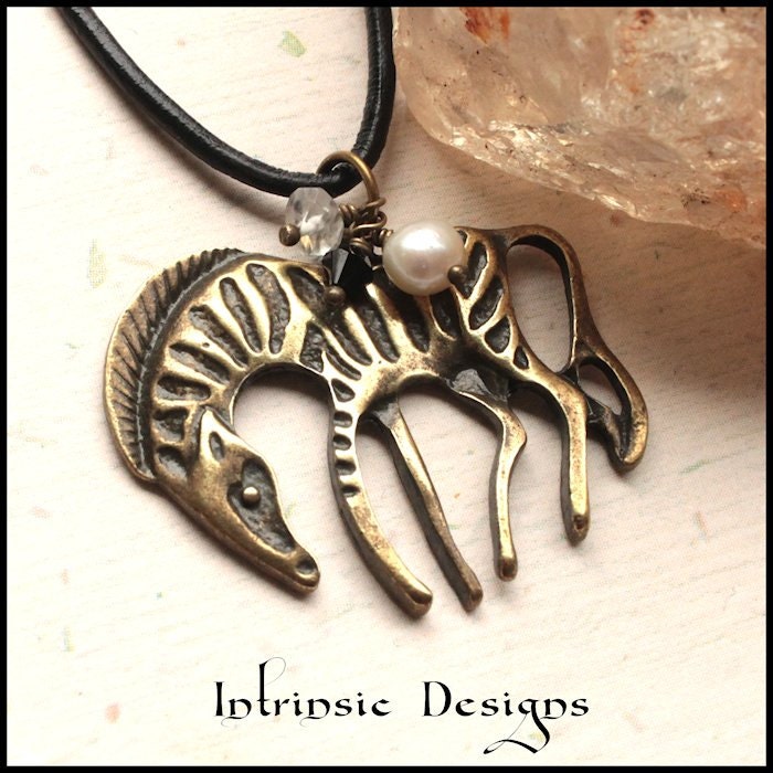 Zebra Charm, Gemstone, Pearl Pendant Leather Necklace..Black and White