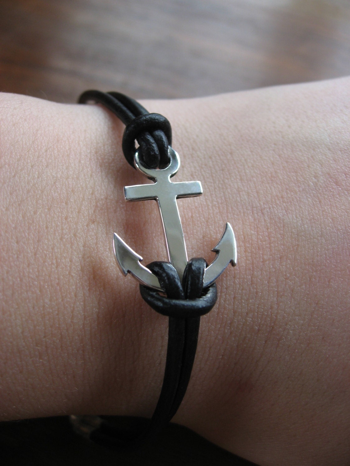 Handmade Silver Anchor Bracelet on a Black Leather Cord