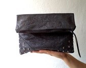 Vegan Studded Clutch, handbag,  foldover clutch,Metallic black linen.