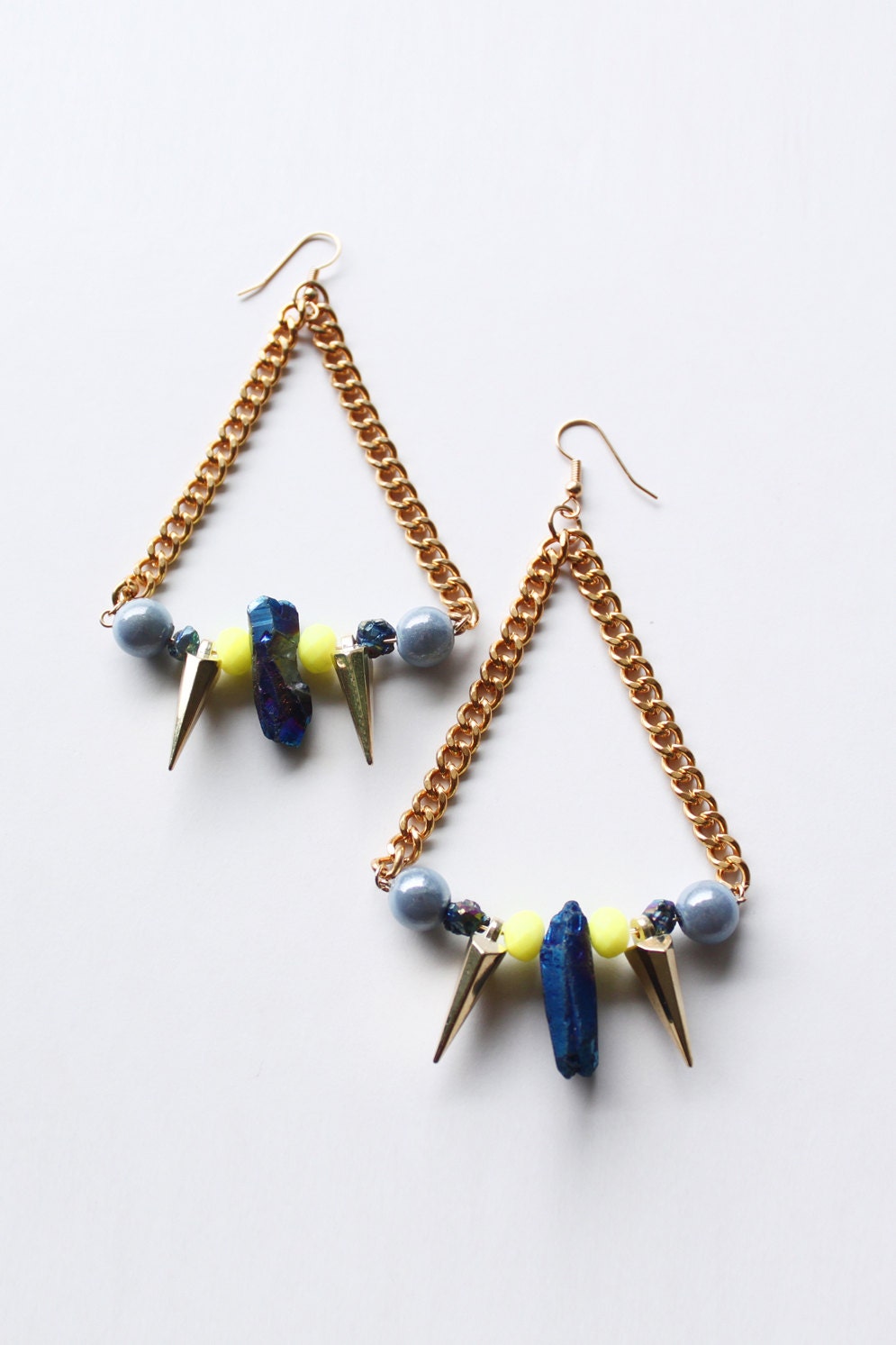 Timetraveller, dangle earrings, titanium stone, hologram beads, gold spikes, triangle, bling, festival, boho, badass, SS13, spacepunk, OOAK