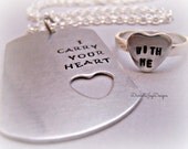 Hand Stamped Couple "I Carry Your Heart With Me" Personalized Custom Dog Tag Key Chain And Heart Ring Mothers Day
