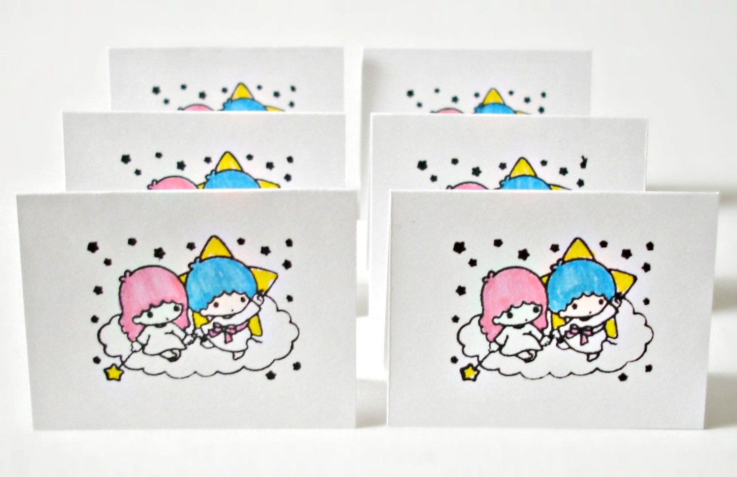Little Twin Star Kiki and Lala Mini Handmade Note Cards/ Lunchbox Notes/ Gift Packaging/ Thank Yous Set of 8