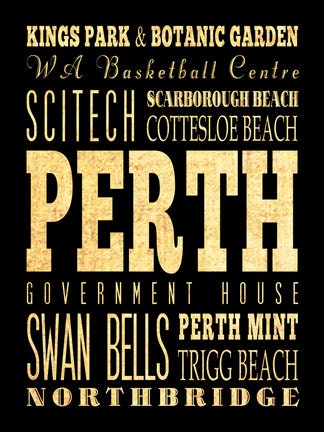 Perth, Western Australia, Typography Art Poster/Bus/Transit/Subway Roll Art 18X24 - Perth's Attractions Wall Art Decoration -  LHA-401