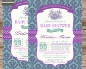 Baby shower invitation vintage chic bird purple, teal, typography - printable, digital file Il_170x135