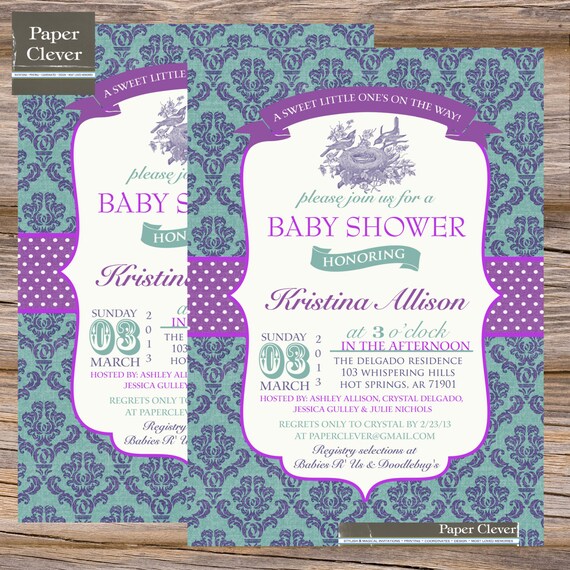 Baby shower invitation vintage chic bird purple, teal, typography - printable, digital file Il_570xn
