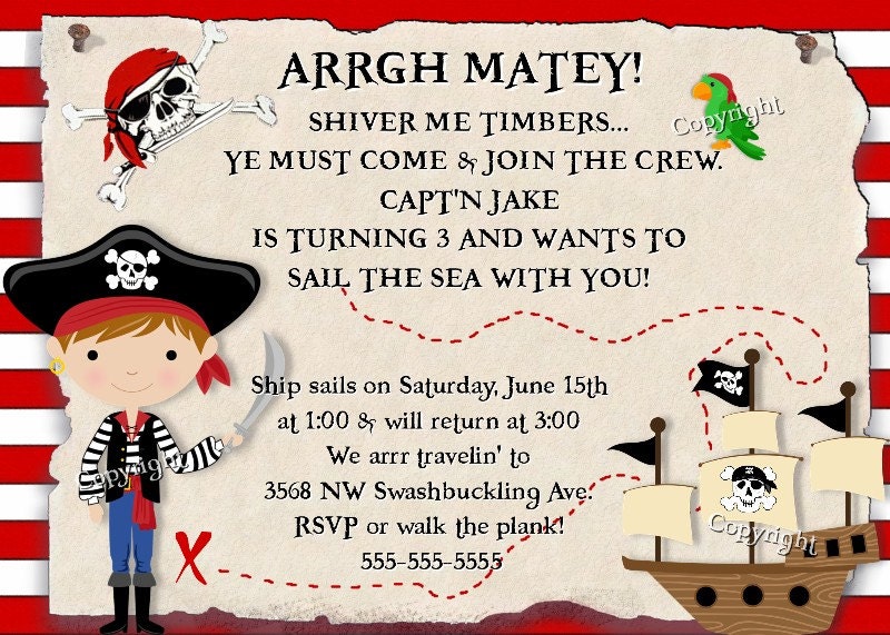 PIRATE Invitation Birthday Pirates Treasure Party Boy or Girl theme Skull cross bones boys girls Ship Sail Original Unique invite