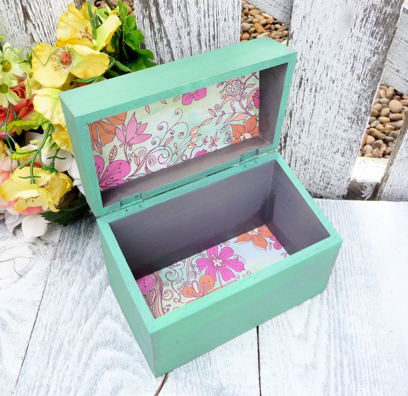 Green SHABBY CHIC Wood Recipe Box