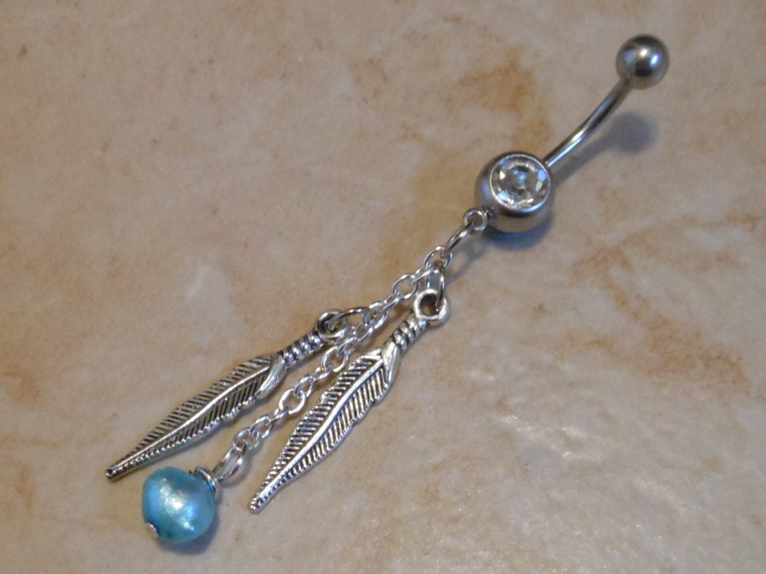 Belly Button Ring - Body Jewelry - Long Feather Belly Button Ring - Pearl Belly Button Ring