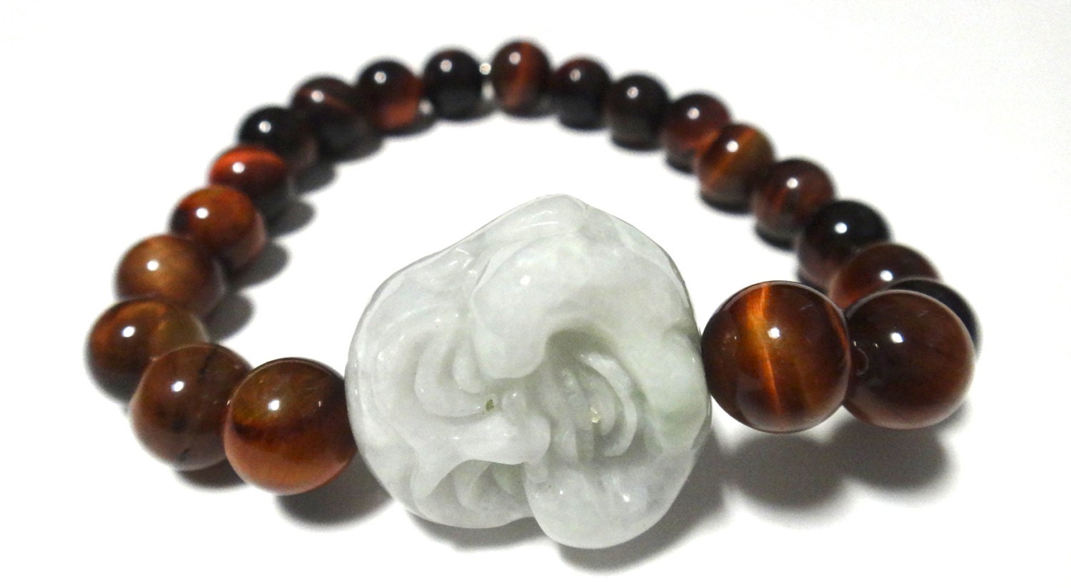 Red Tiger Eye Beaded Bracelet with Jade Green Buddha