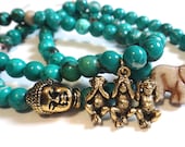 Teal Magnesite Beaded Bracelet with Gold Three Wise Monkey Charm