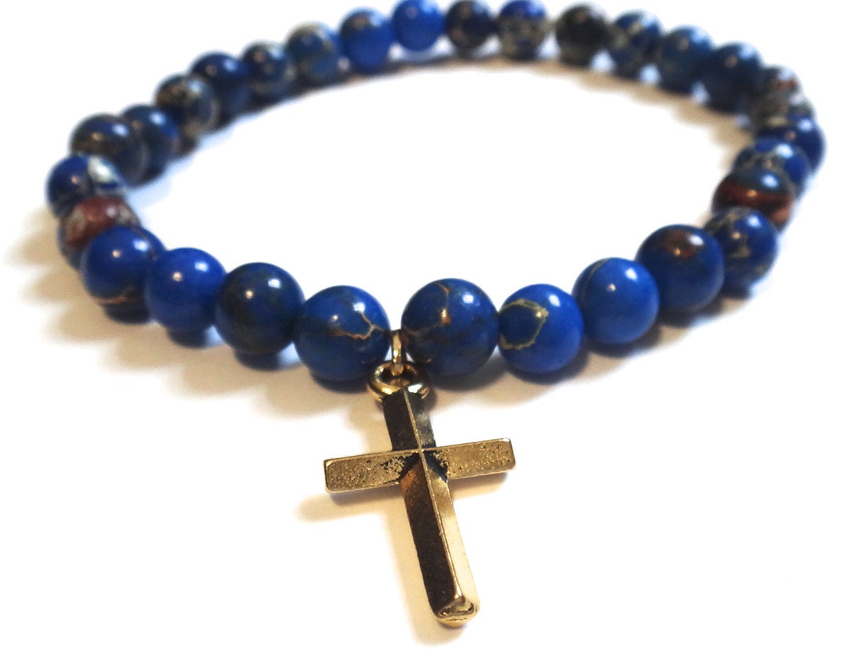 Lapis Blue Magnesite Beaded Bracelet with Gold Cross
