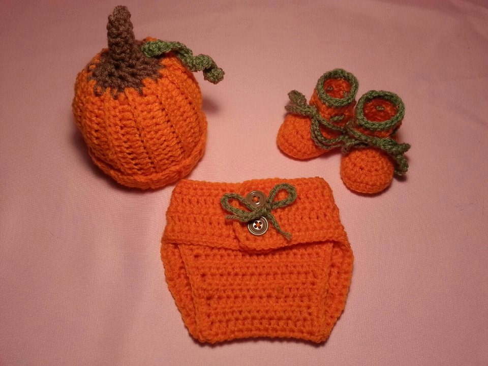Baby Halloween Pumpkin Hat, Diaper Cover, Booties Crochet - Thanksgiving Baby Newborn NB Costume Photo Prop Girl Boy Winter Set Outfit