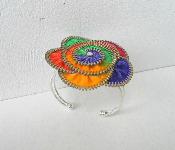 Colorful bracelet, hand painted, cuff bracelet zipper, rainbow jewelry, silver plated- Flower bracelet, eco friendly, recycled jewelry,