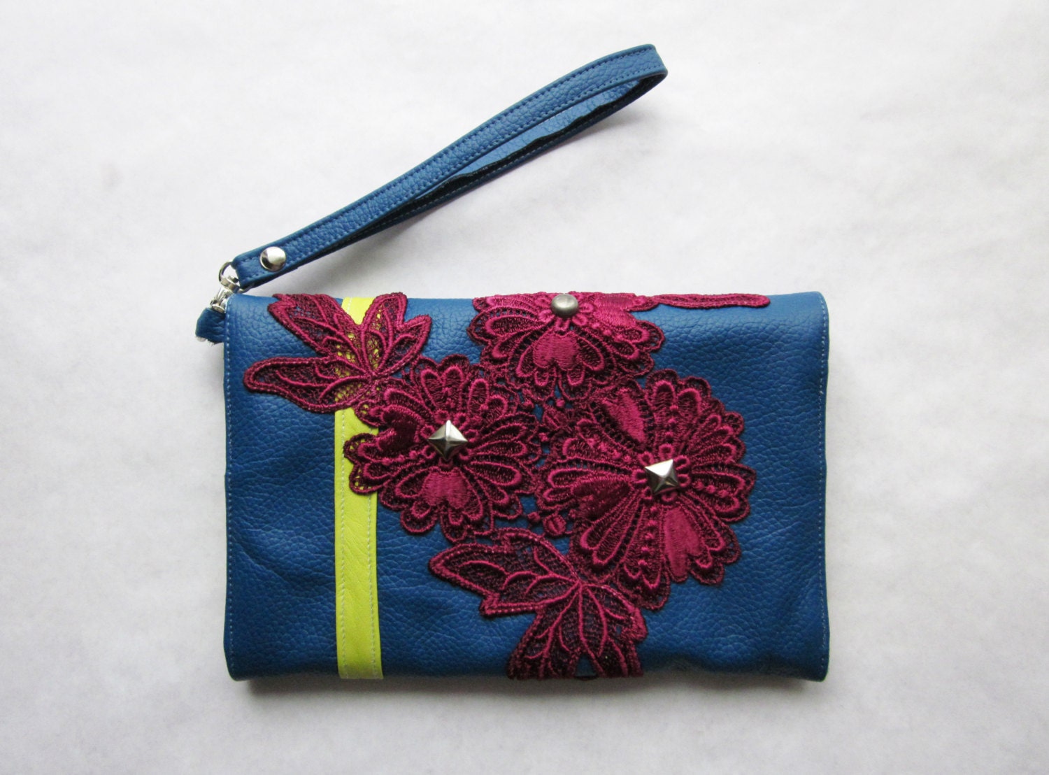 Lapis Leather & Hand Dyed Magenta Lace Clutch w/ Metal Studs and Neon Accents