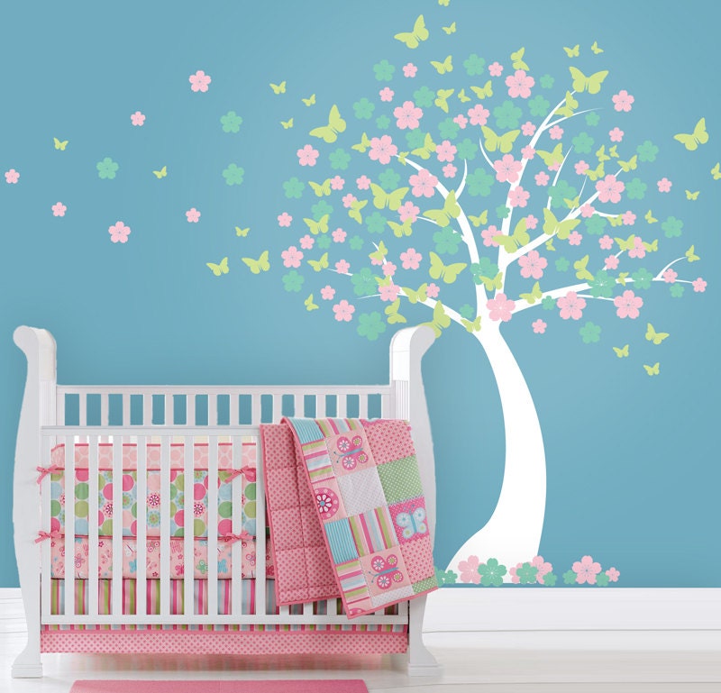 Butterfly Blossm Tree Decal, Blowing Cherry Blossom Tree with Butterflies for Baby Nursery, Kids or Childrens Room