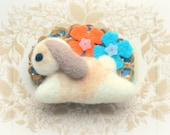 Needle felted rabbit in flower wonderland pin / brooch, needle felted wool bunny, orange and blue felt flower, rabbit accessories, tt team