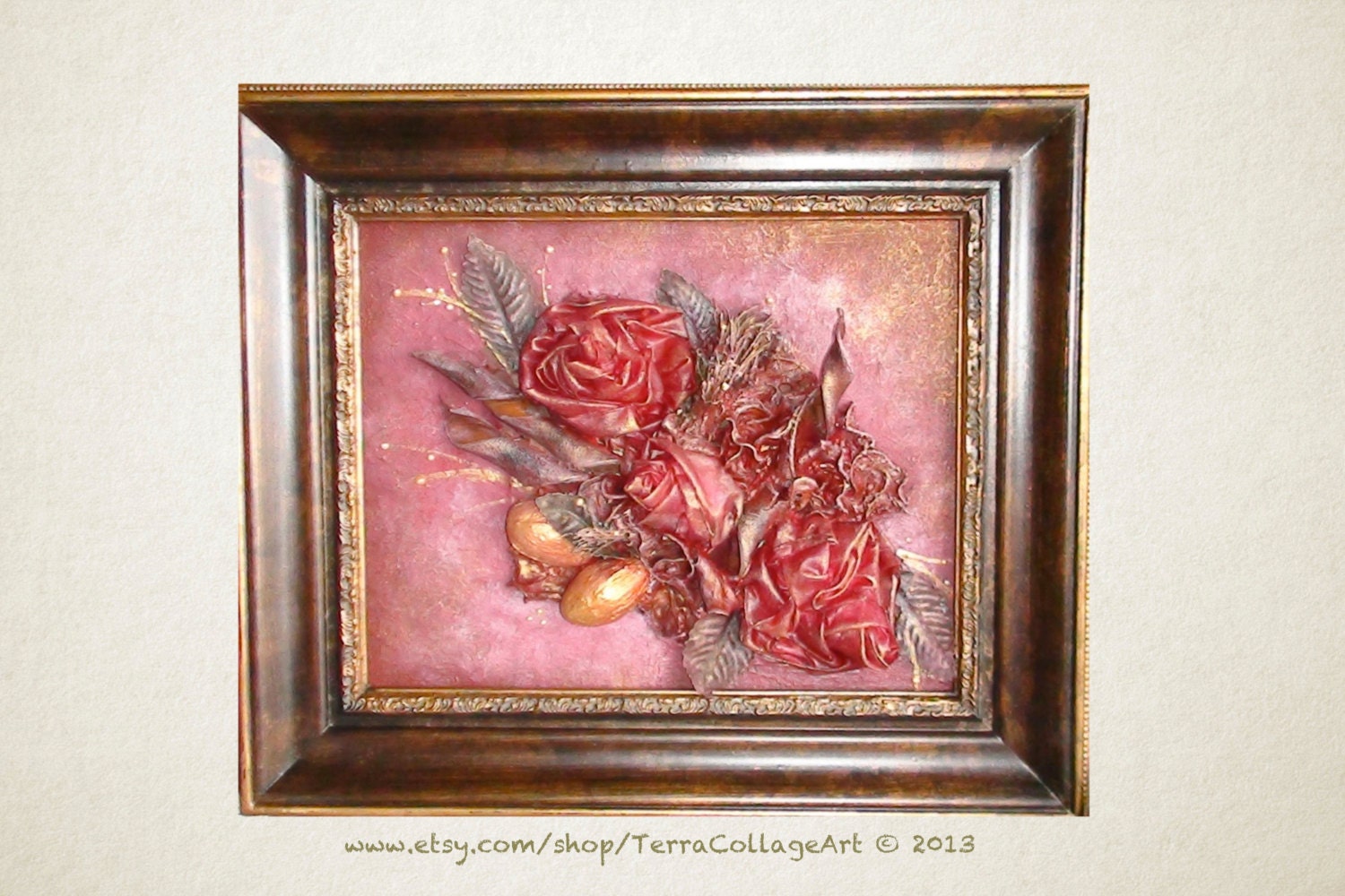 Burgundy and Gold Roses Original Mixed Media Collage Art. Framed. Floral gift home decor