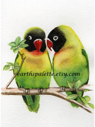 Exotic tropical lovebird bird paintings 5x7 print from original watercolor painting wall art home and garden Earthspalette