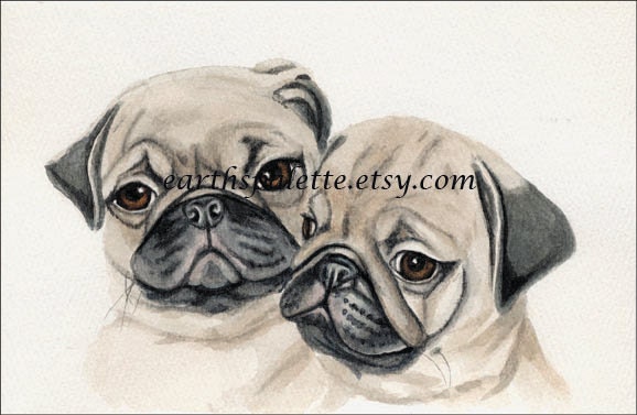 Art, Painting, Dogs, Pug Puppies, 5x8 Print from Original Watercolor Painting. Earthspalette