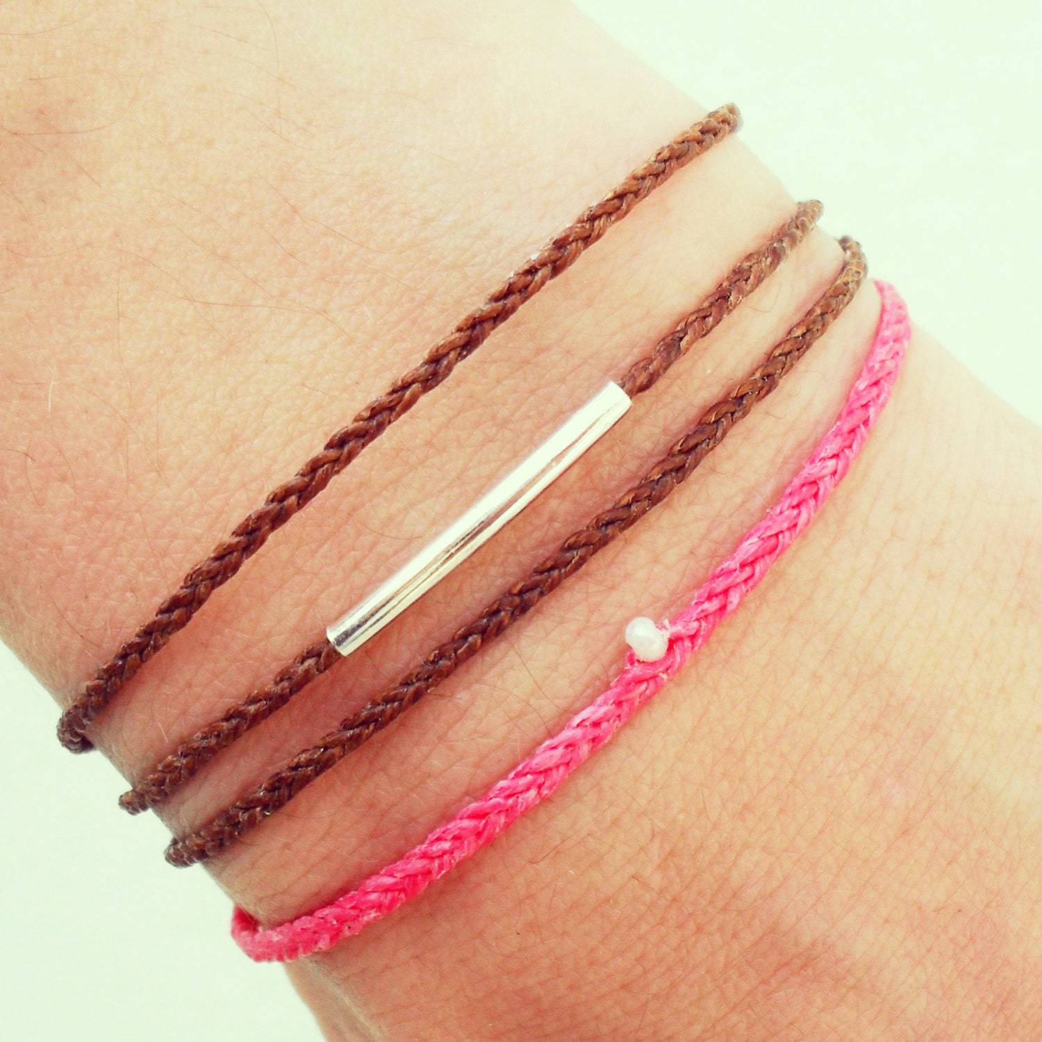 Wrap bracelet in Irish Waxed Linen and silver bar bead - brown -