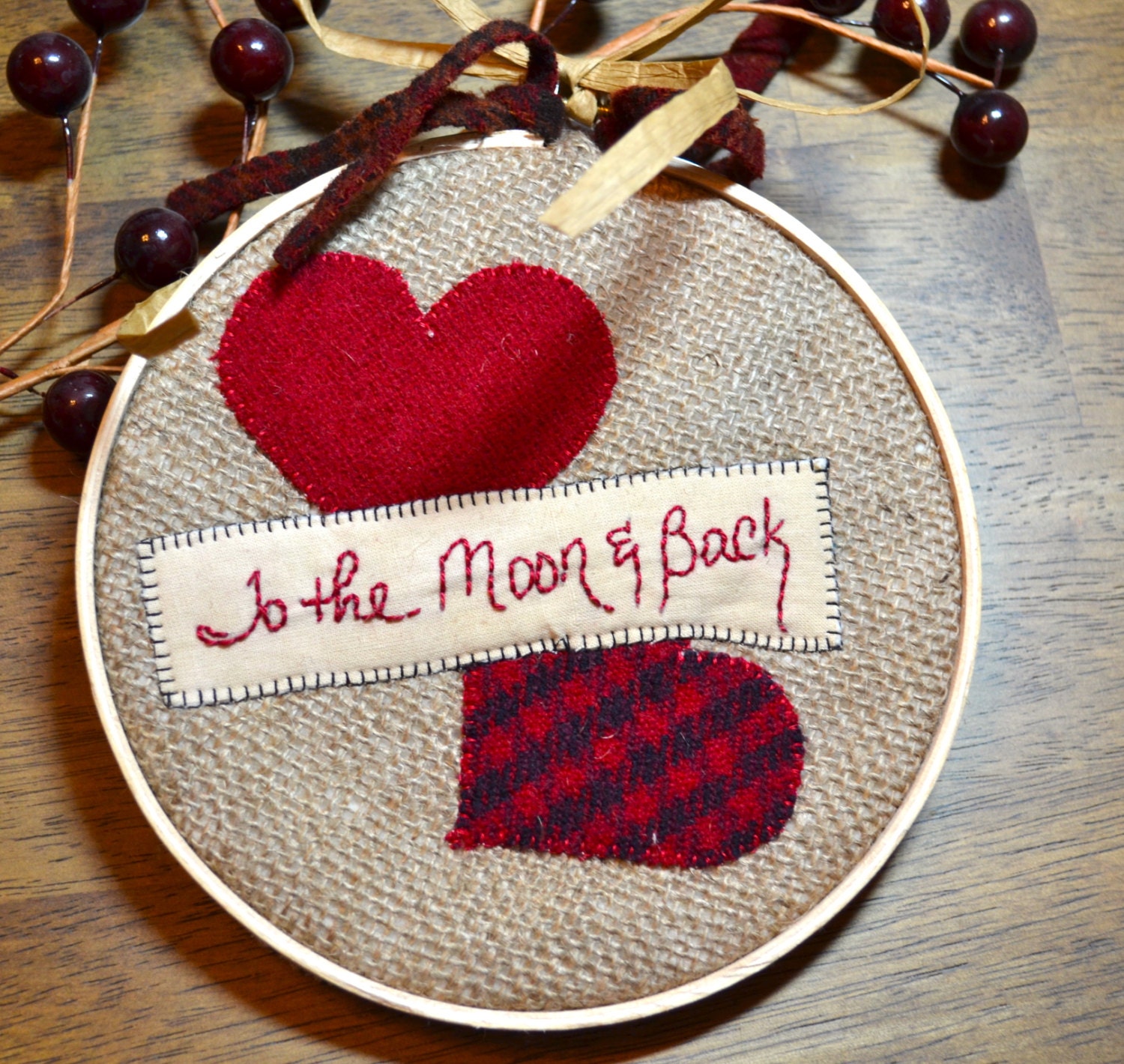 Heart Hoop Embroidery "To the Moon & Back" Hearts, Valentine, burlap and wool, stitchery