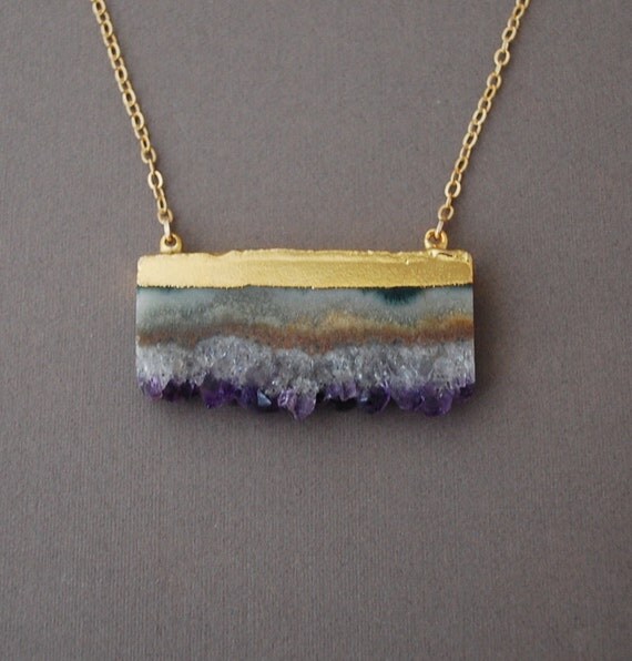 Double Connected Gold Amethyst Stalactite Slice Necklace