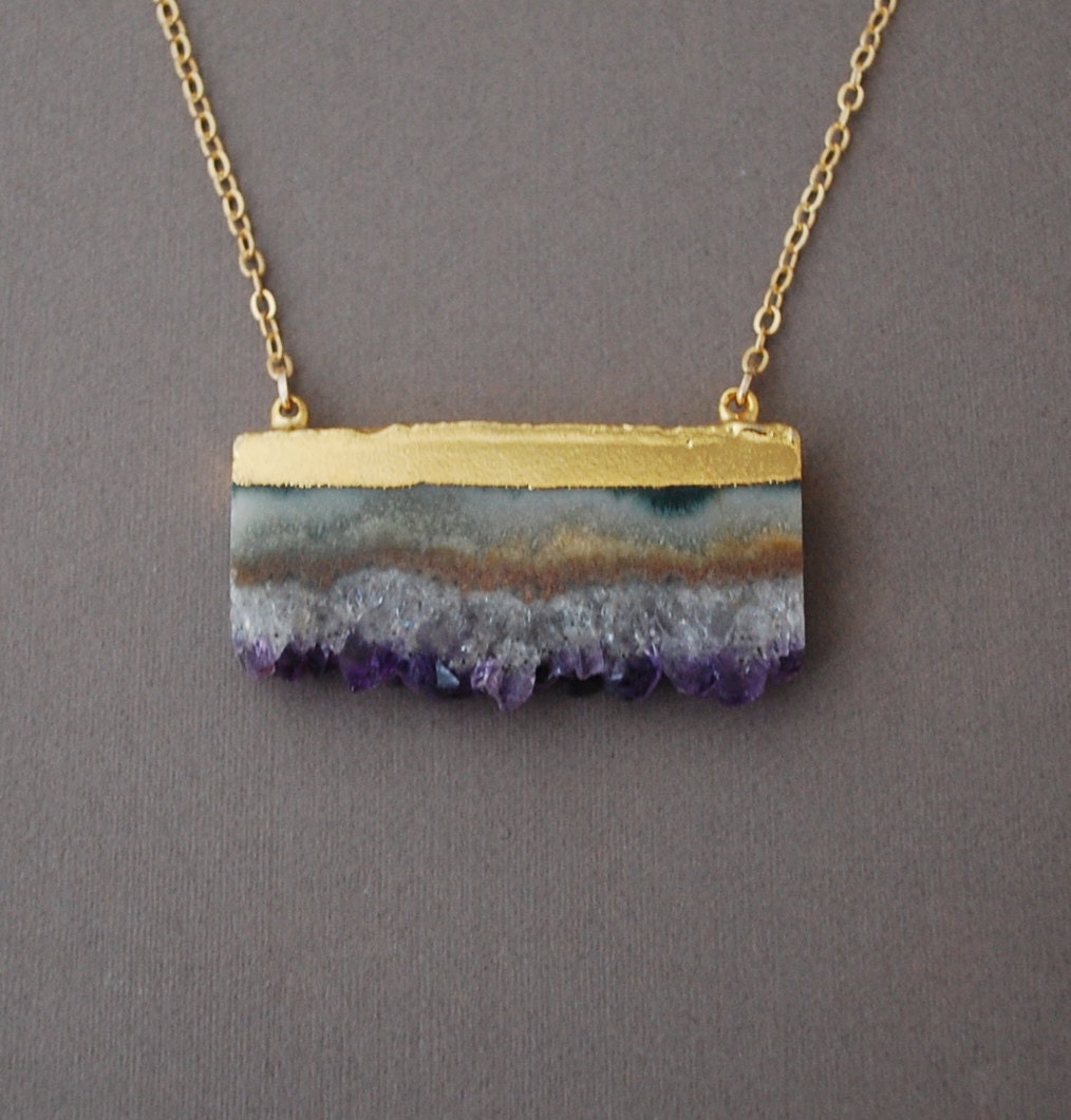Double Connected Gold Amethyst Stalactite Slice Necklace