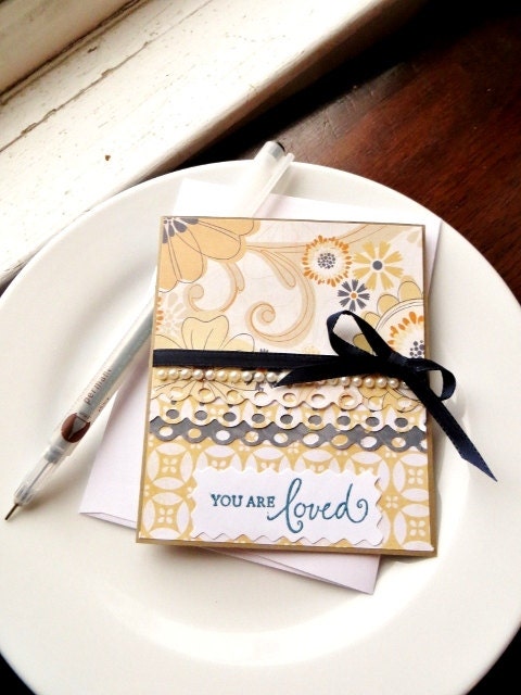 You Are Loved Greeting Card, Stamp Embossed, Ribbon with Pearls, Blank Inside, Navy Buttercream Floral, Brown Kraft Cardstock
