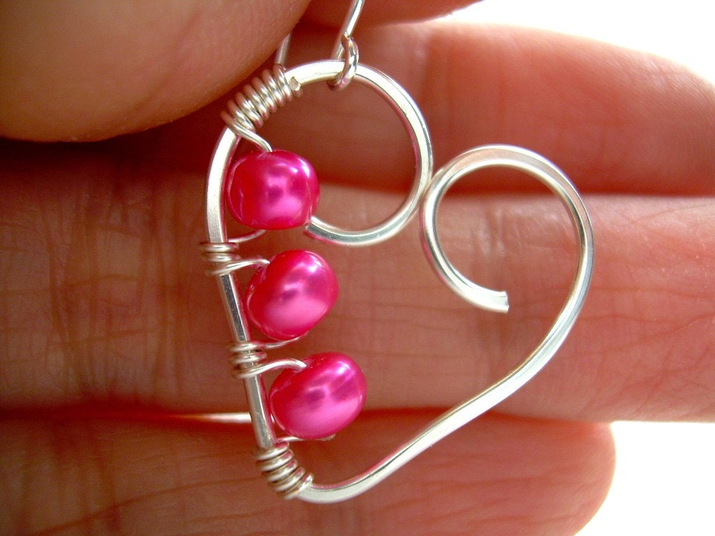 Wire Wrapped Jewelry Handmade Silver Heart Earrings Wire Heart Earrings Pink Freshwater Pearls Wire Wrapped Heart Earrings Clip On Available